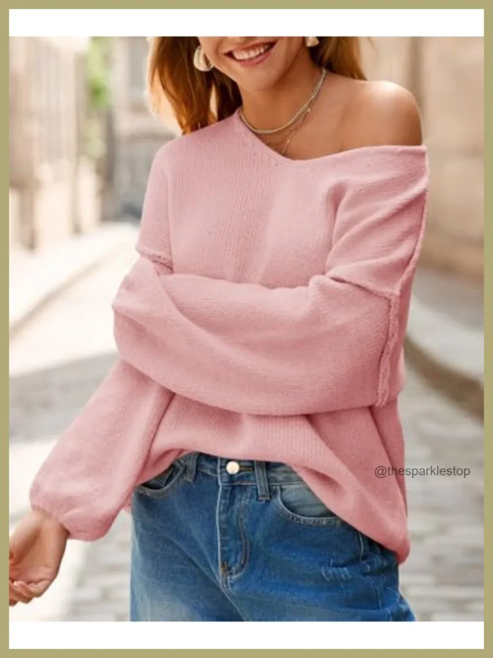 Womens Oversized Chunky Knit Sweater V Neck Lantern Sleeve Pullover Tunic